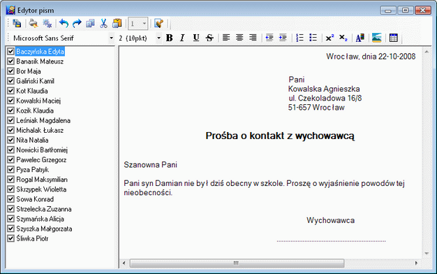 Edytor prosba o kontakt z wychowawca